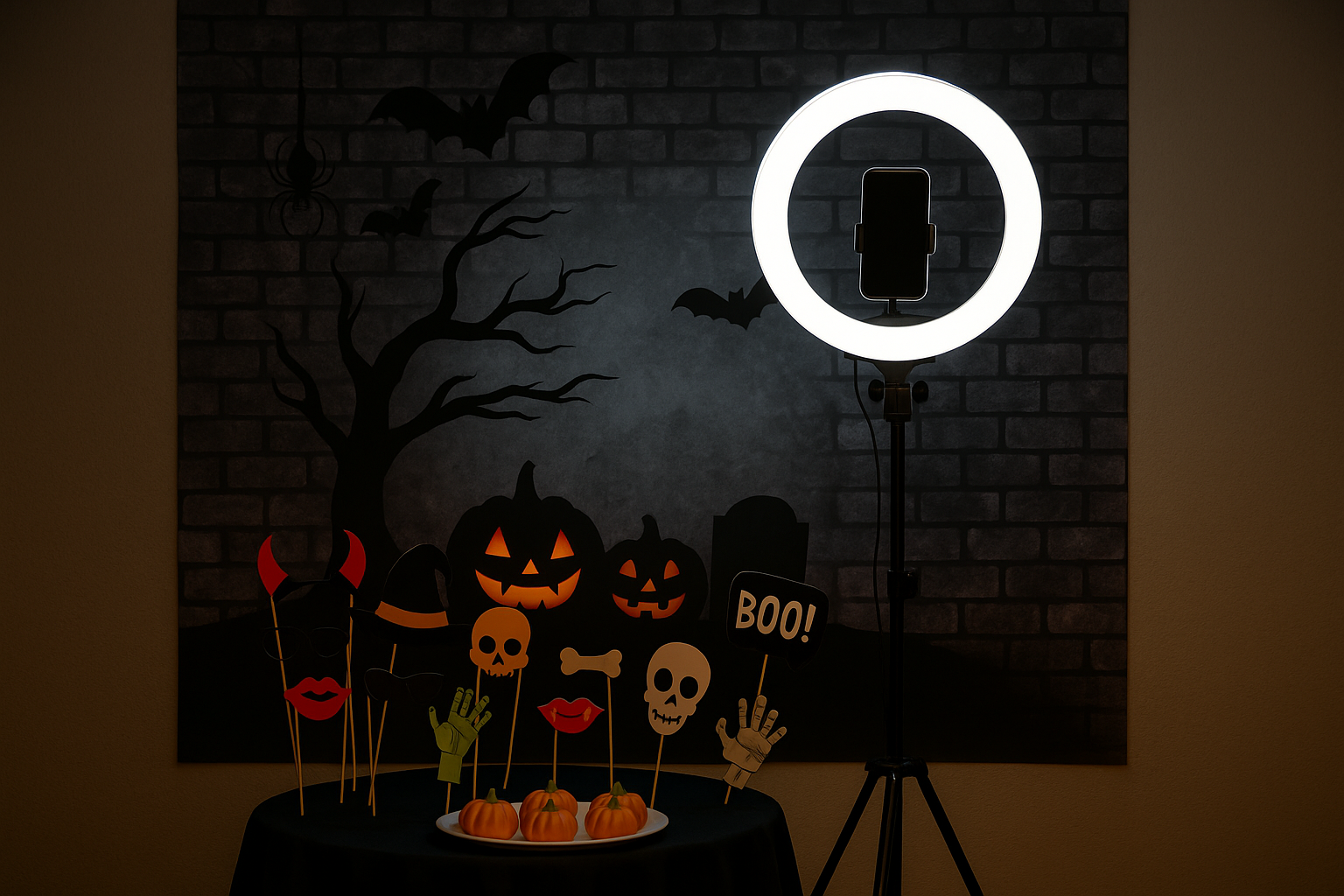 Halloween murder mystery party photo booth. A photobooth backdrop for a murder mystery party at Halloween.