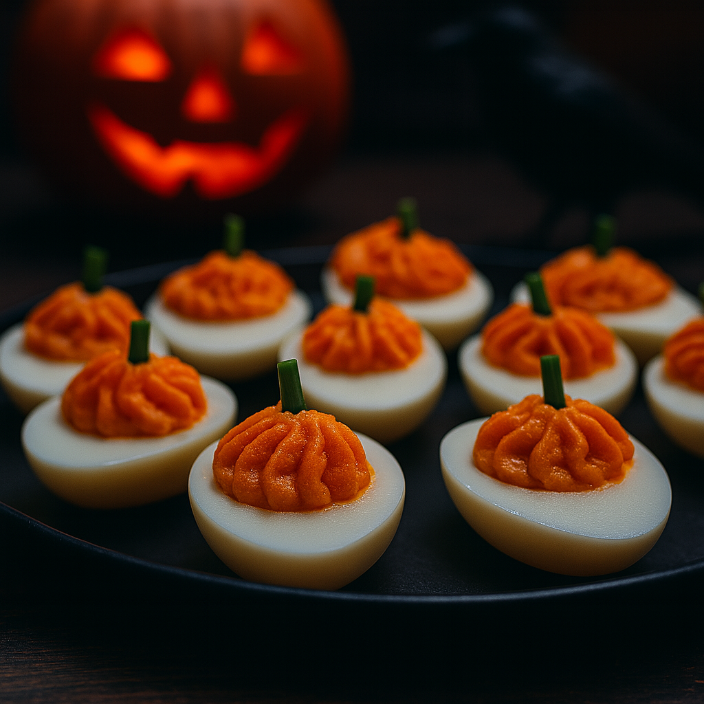 Pumpkin deviled eggs. Pumpkin deviled eggs - a perfect snack for murder mystery party mingling.
