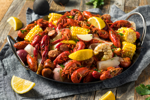 Crawfish served at a Mardi Gras mystery party game. 