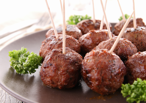 Grilled meatball appetizers for a murder mystery party